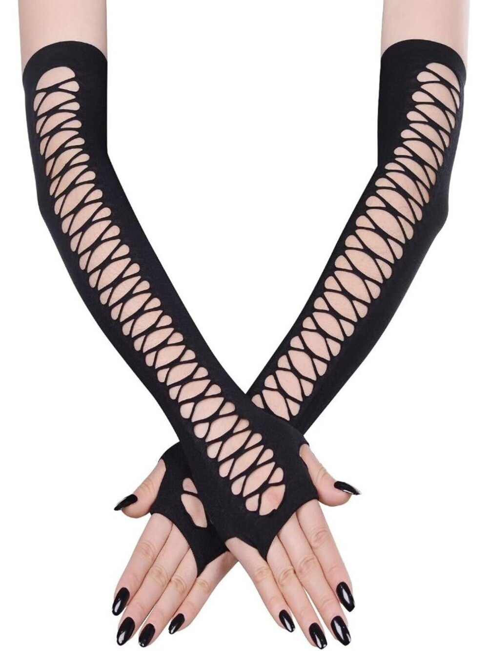 Women's Black Ladder Cutout Long Arm Warmers Fingerless Gothic Cosplay Gloves